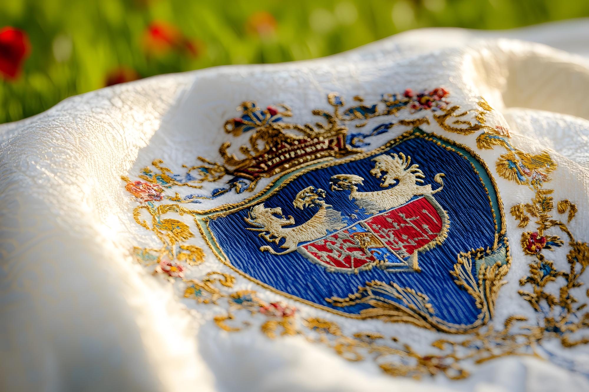 Restored embroidered family crest on linen
